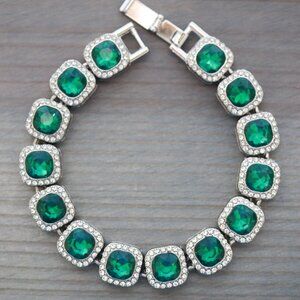 12.5mm Green Square Halo Diamond Chain Rhinestones Bracelet Silver Plated